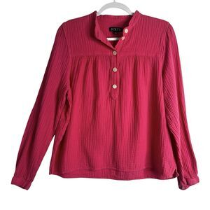 J. Crew Womens Sz L Pink Fresco Soft Cotton Gauze Long Sleeve Popover Top
